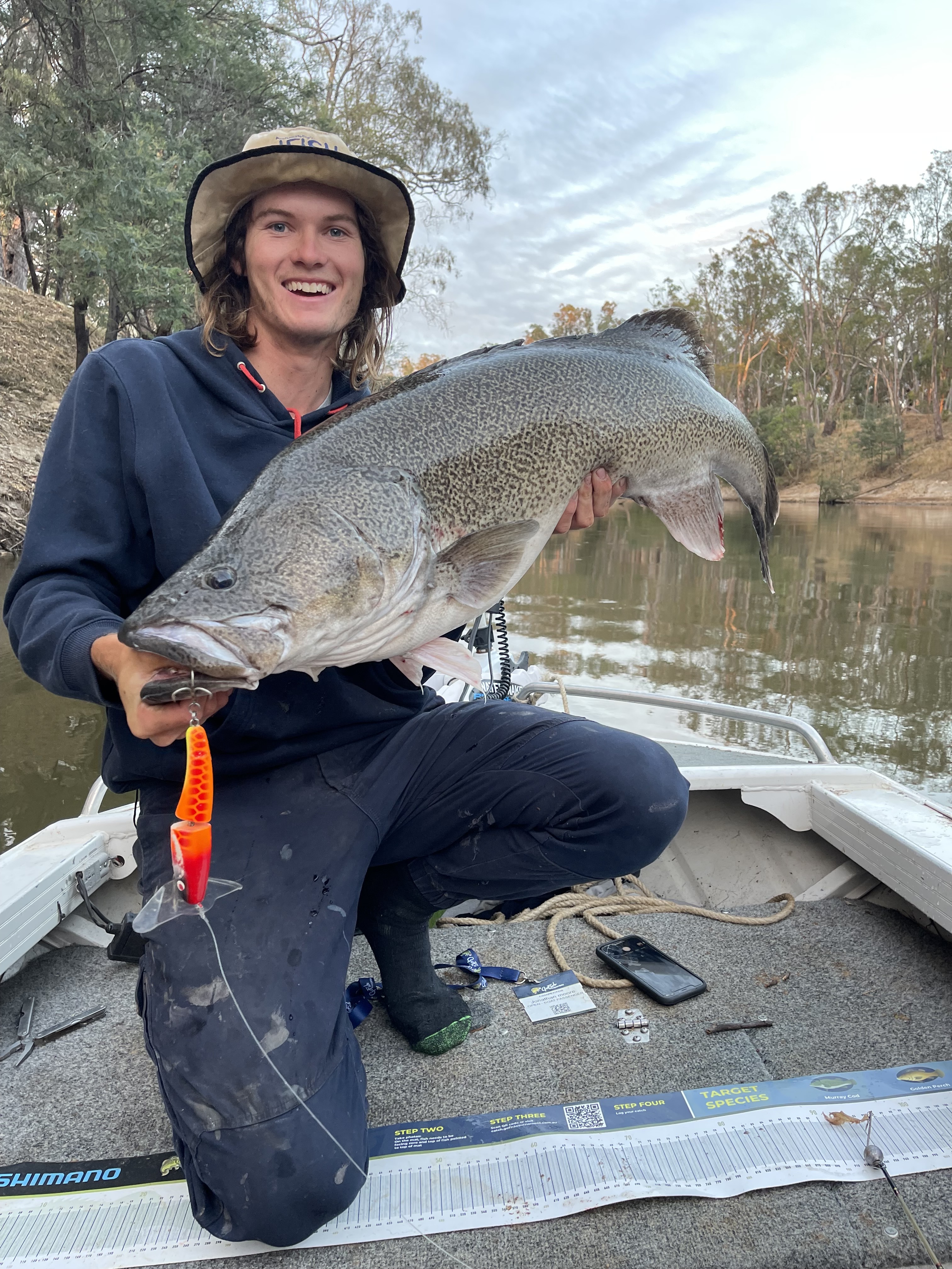 A man on a boat holding a large murray cod